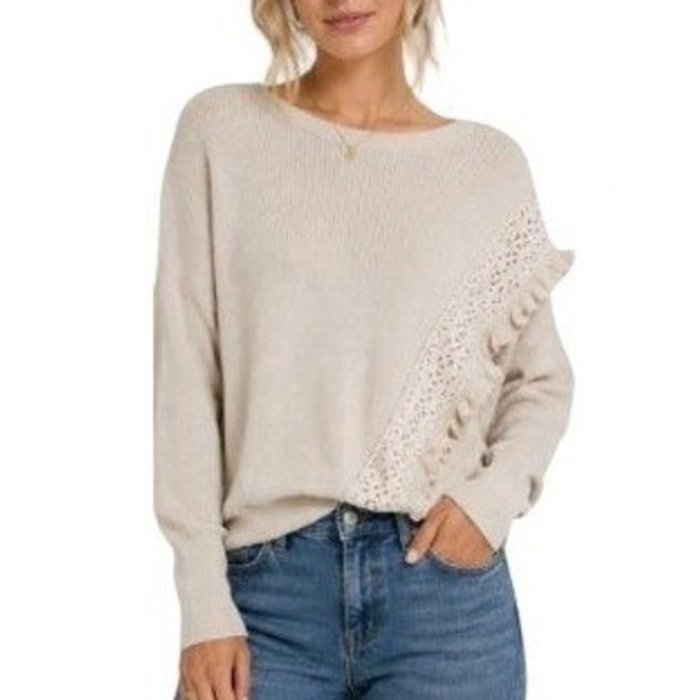 White + Warren Knit Sweater Womens M Beige Lace Fringe Pullover Romantic Boho